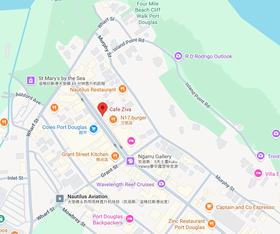 Map showing Cafe Ziva on Macrossan Street in Port Douglas