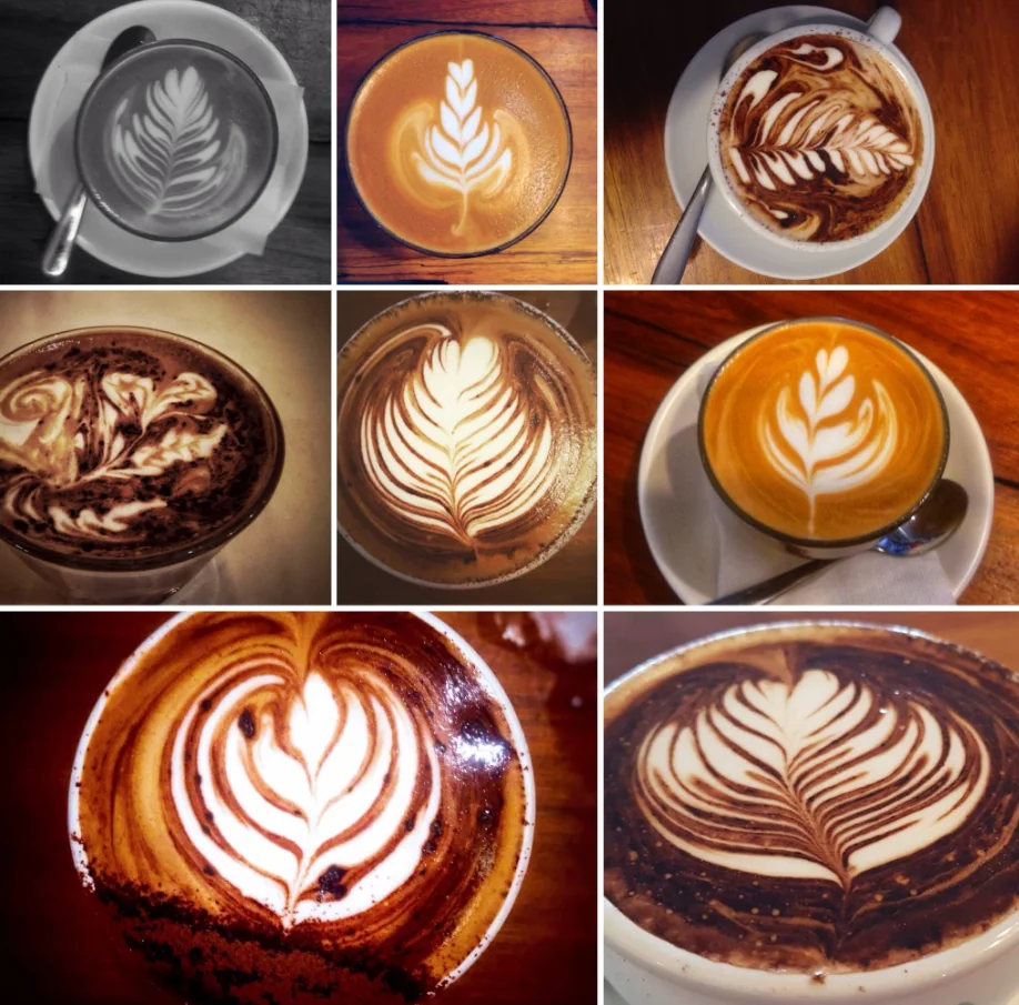 Selection of latte art coffees